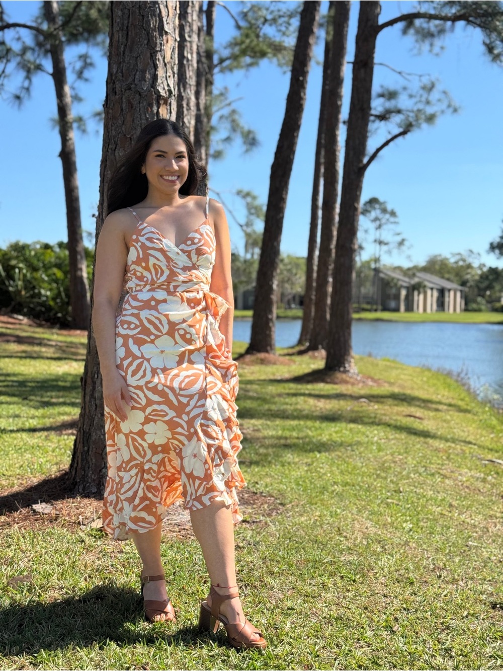 Orange and White Floral Wrap Midi Dress